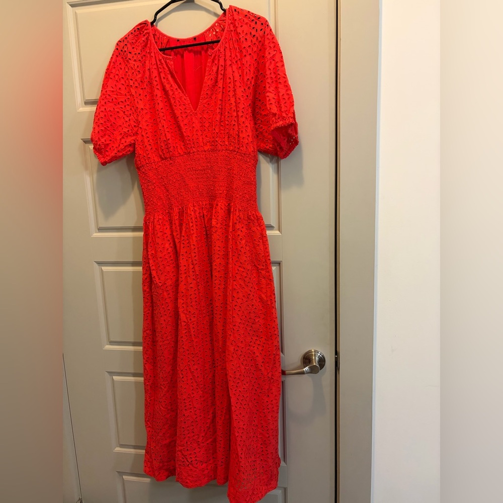 J.Crew Red Eyelet V-Neck Smocked Waist Midi Dress